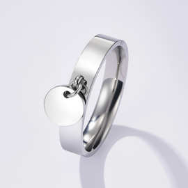 欧美风18K真金不锈钢戒指简约个性圆牌吊坠潮流开口戒指饰品女