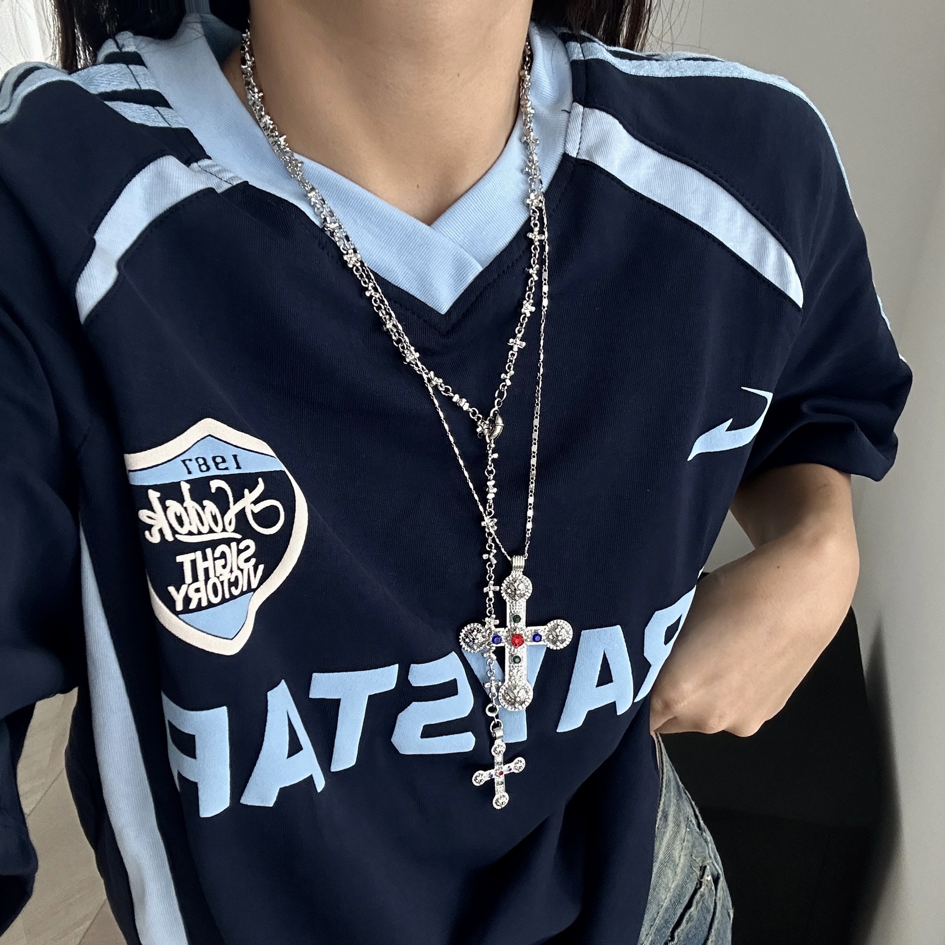 IG Style Cross Rhinestones Pearl Alloy Beaded Chain Cuban Link Chain Curb Chain Layered Necklaces Wholesale display picture 19