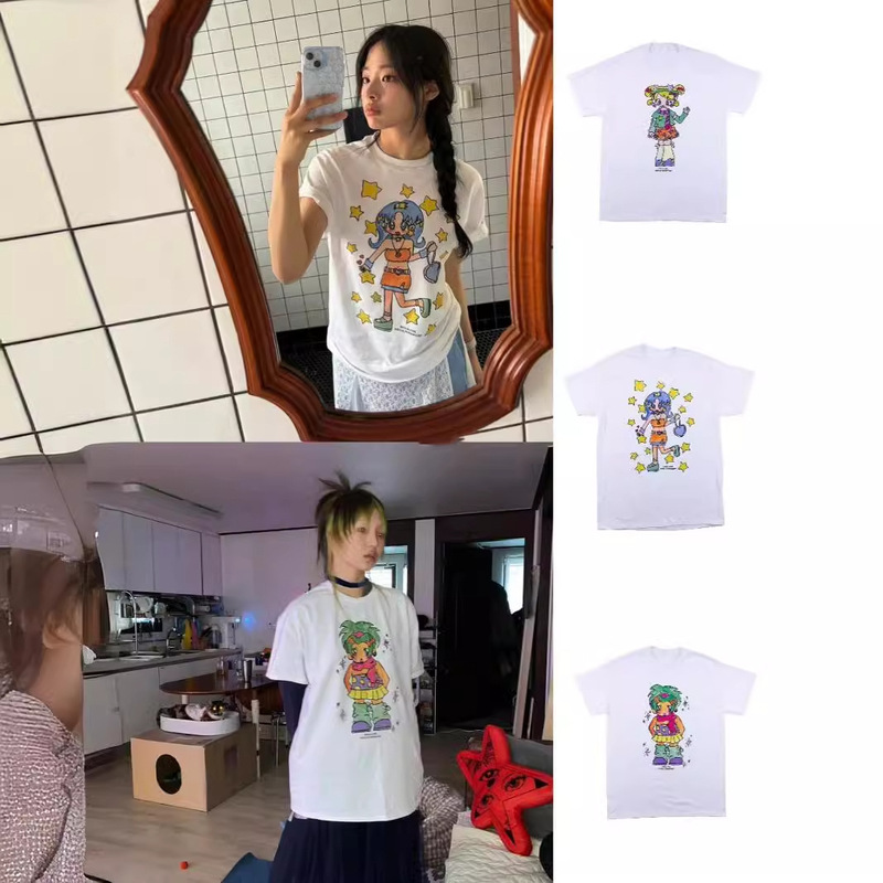 (Qi Qi) South Korea Design Jin Minchi MINJI24 New Summer Cute Star Girl Millennium Printed Short-sleeved T-shirt