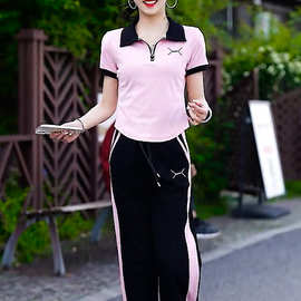 奶系甜美风粉色拉链翻领印花套头短袖女士套装春夏季时尚减龄新款