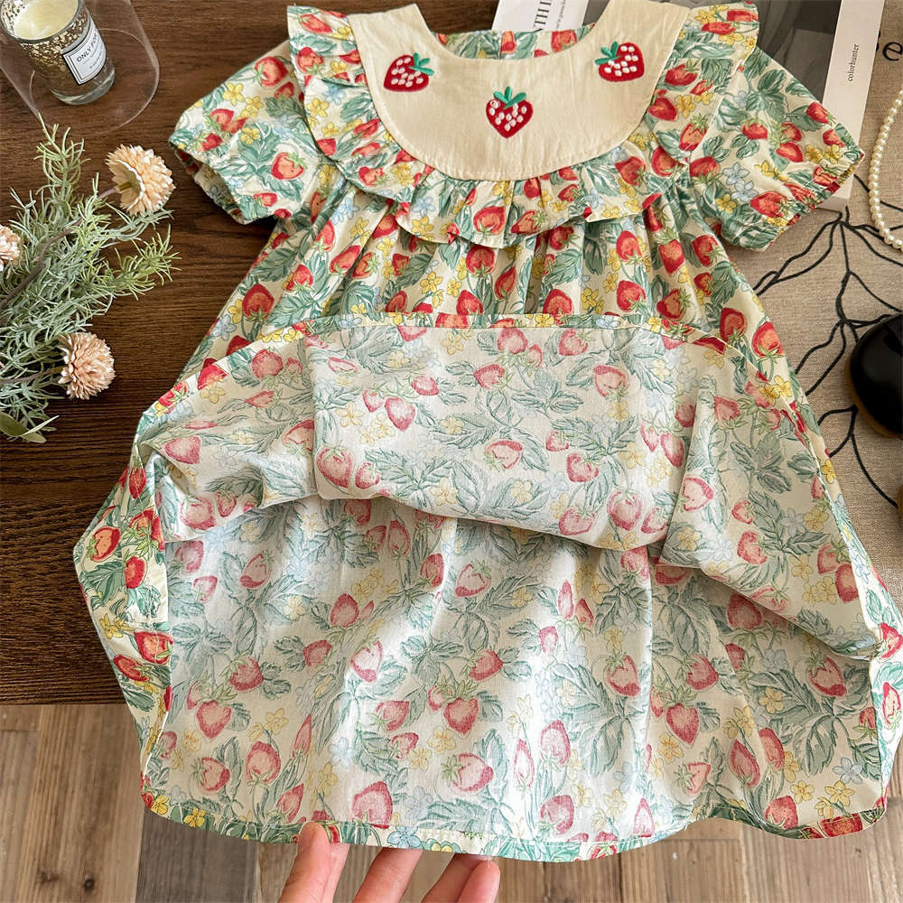 Vestido de niña con volantes bordado de siete fresas de limón salado verano nuevo estilo estampado de frutas falda de muñeca de manga corta para niños