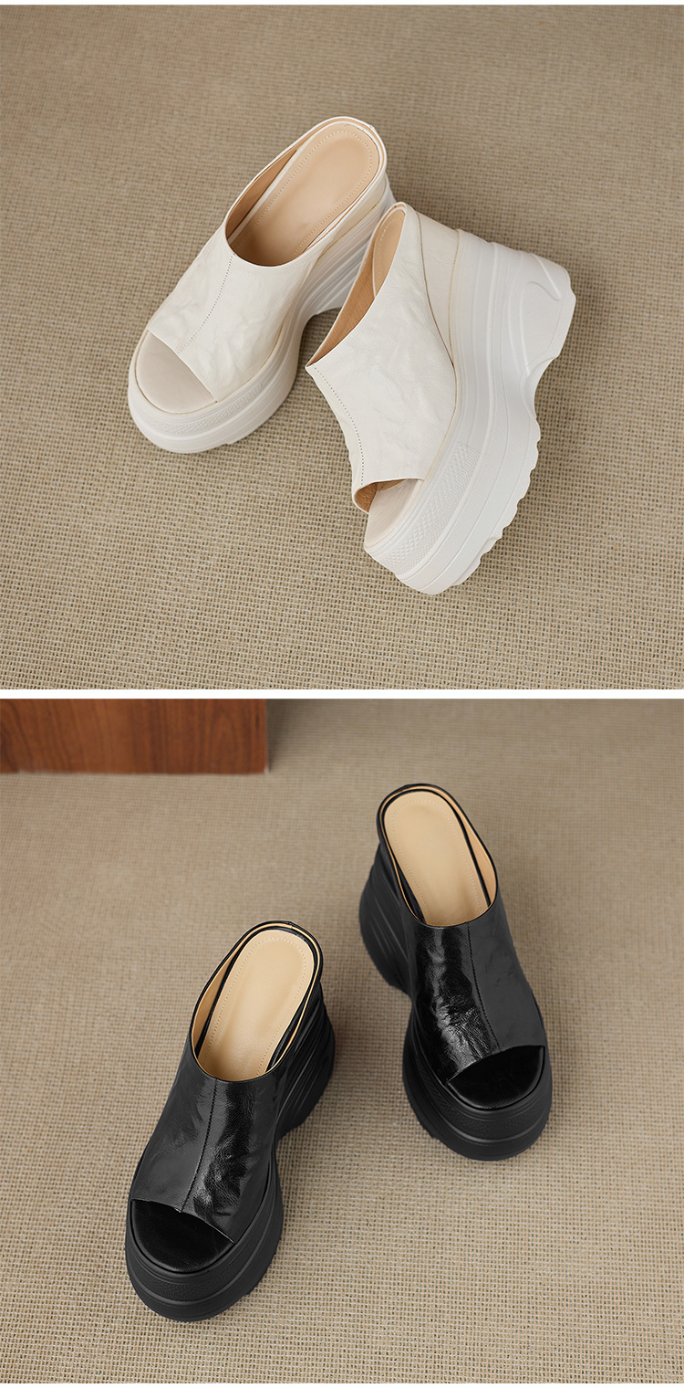 Dép sandal nữ quai chữ V đế xuồng cao gót ẩn, mũi hở, da PU chống nước — màu đen, màu trắng ngà chi tiết 13