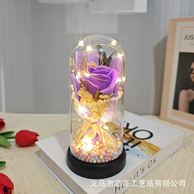 母の日 バレンタインデー ギフト バラ カーネーション チューリップ ソープ ガラス カバー ランプ 完成した花束 不滅の花|undefined