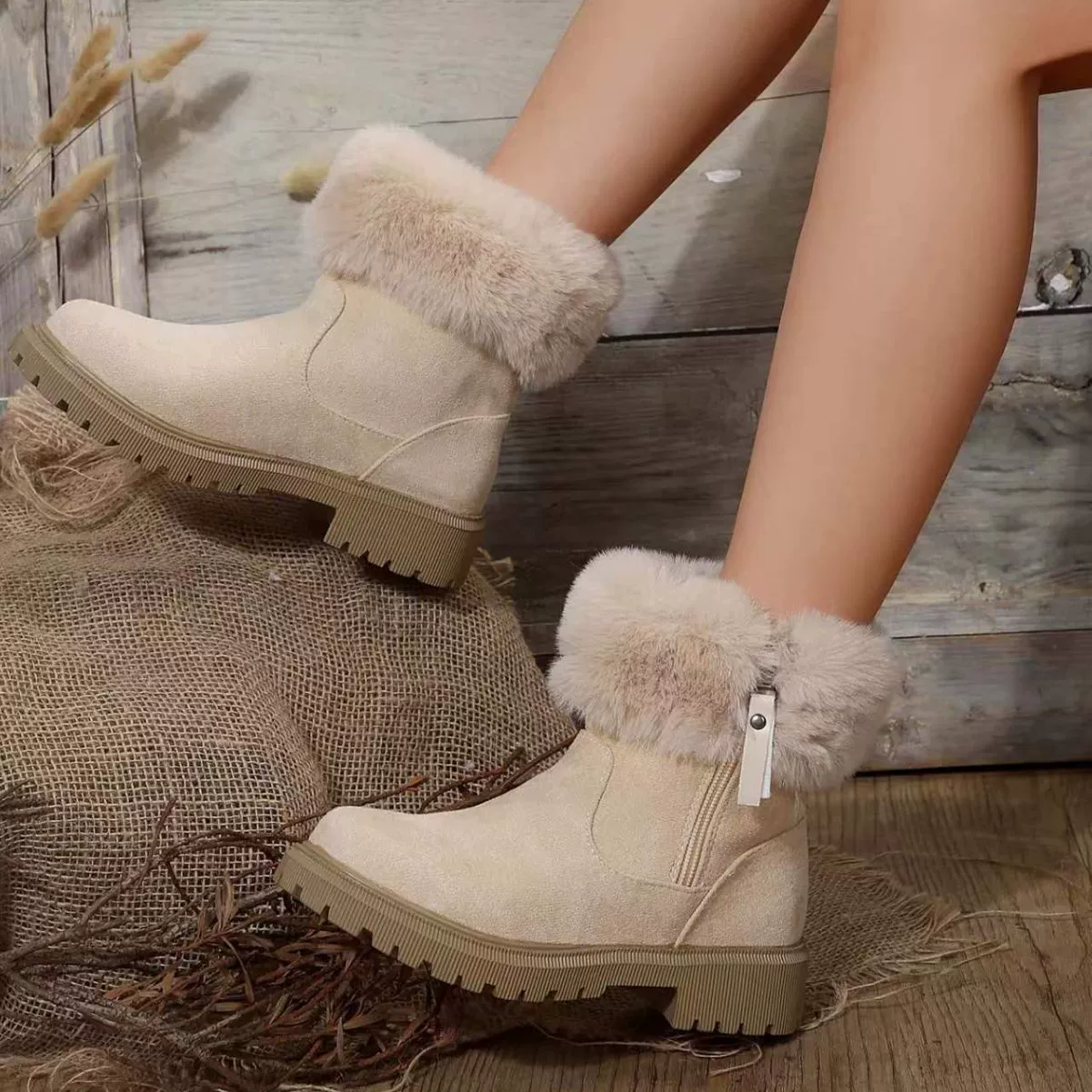 Women’s winter ankle boots, warm faux‑fur cuff, chunky tread sole, sizes 36–42