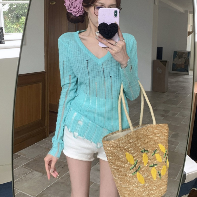 Blue Ripped V-neck Long-sleeved Sweater Women's Spring Korean-style Chic Niche Sweater Slim-fit Blouse Top
