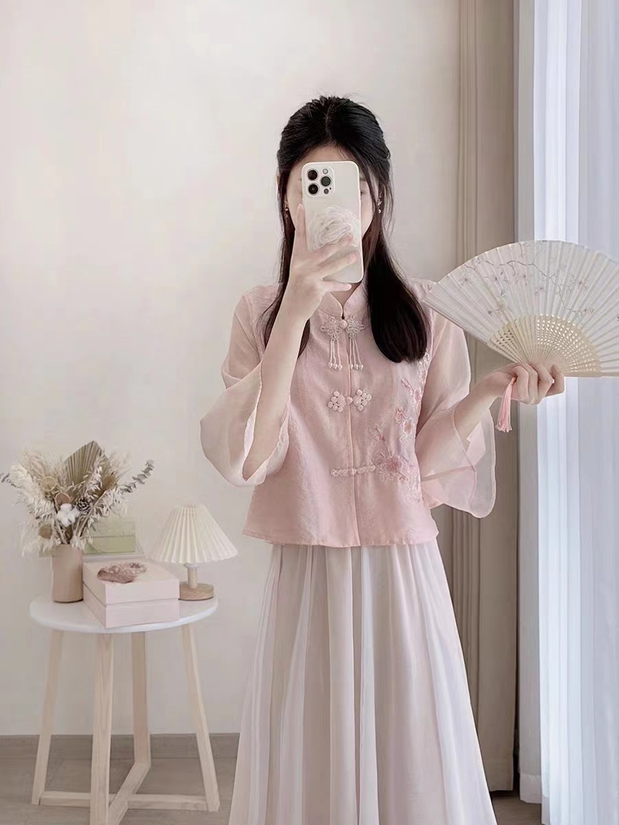 新中式民国风粉色倒大袖旗袍女夏年轻款少女日常可穿连衣裙
