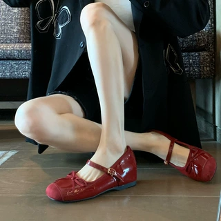 法式绝美玛丽珍鞋红色浅口蝴蝶结一字扣带内增高单鞋婚鞋