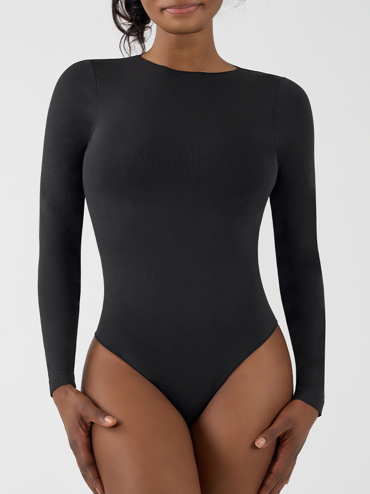 Seamless Long-Sleeve Bodysuit – High-Waisted Tummy Control Yoga Shaper With V-Gusset (Buttery Soft & Stretchable) – Black/Taupe/Pink/Gray (S-XL)​_voghion.com