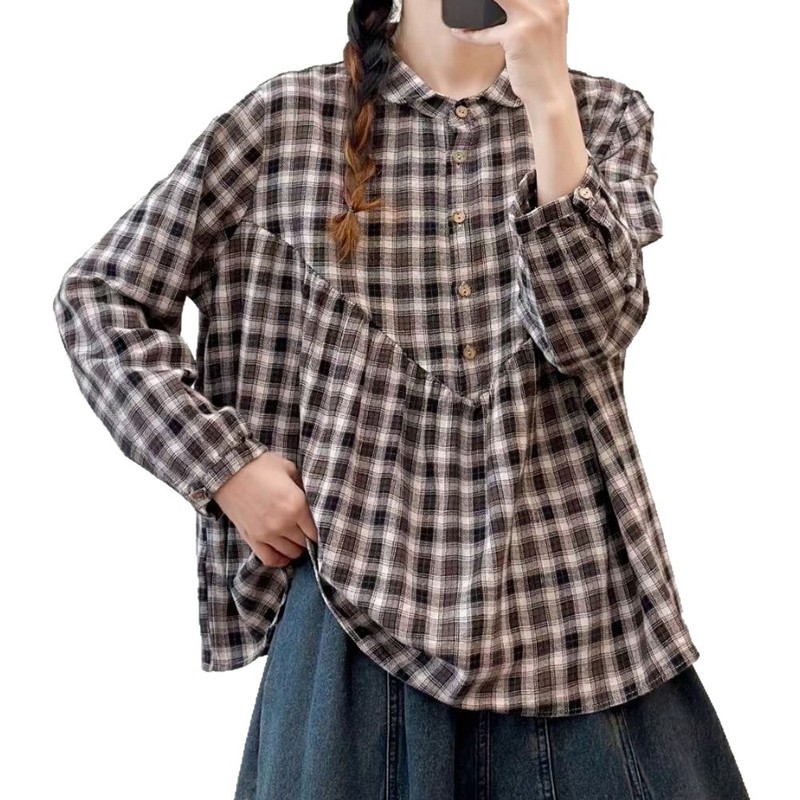 秋季女装新款森女系格子翻领宽松大码套头长袖衬衫女衬衣|undefined