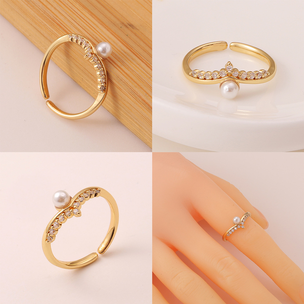 Bohemian copper micro-encrusted zircon creative pearl geometric ring