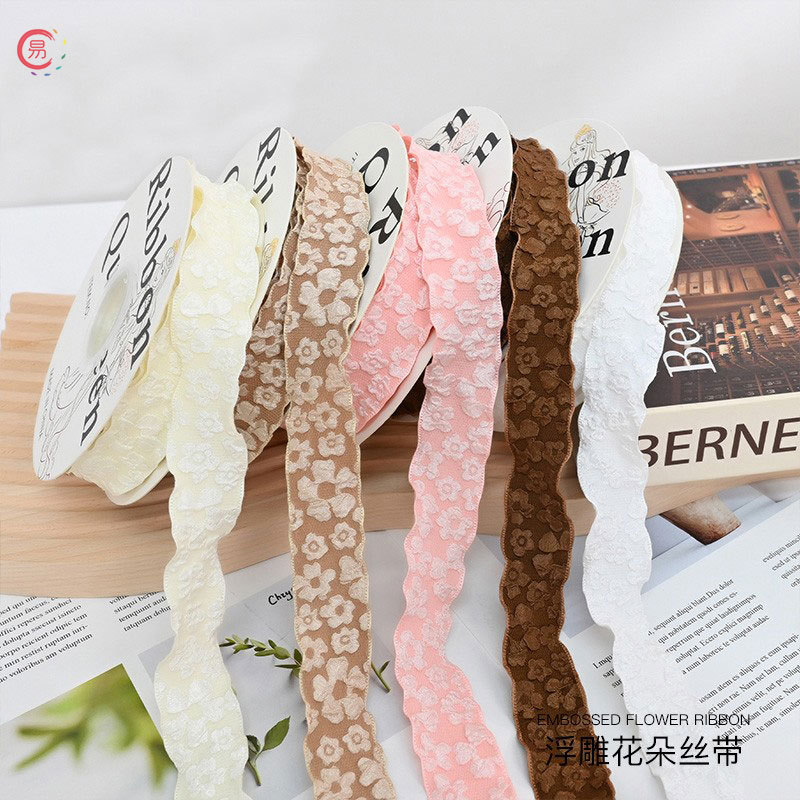 昌易批发 2.5cm浮雕花朵丝带情人节鲜花波浪鱼尾蝴蝶结花束绑带