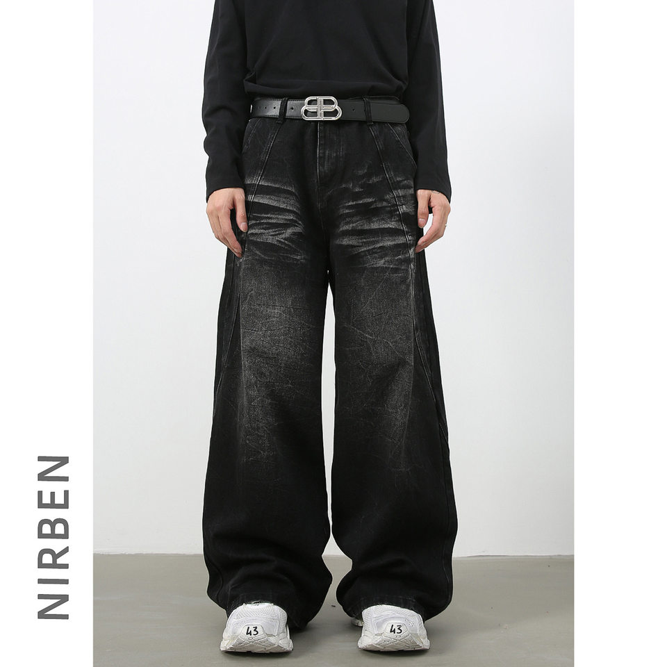 Quần jean nam ống đứng rộng rãi phối mảng giải cấu trúc, denim giặt nước — Đen xám