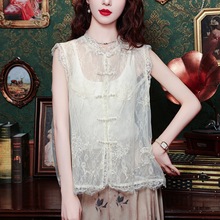 高品质气质减龄新中式欧根纱珍珠扣夏季新款叠穿马夹上衣无袖衬衫