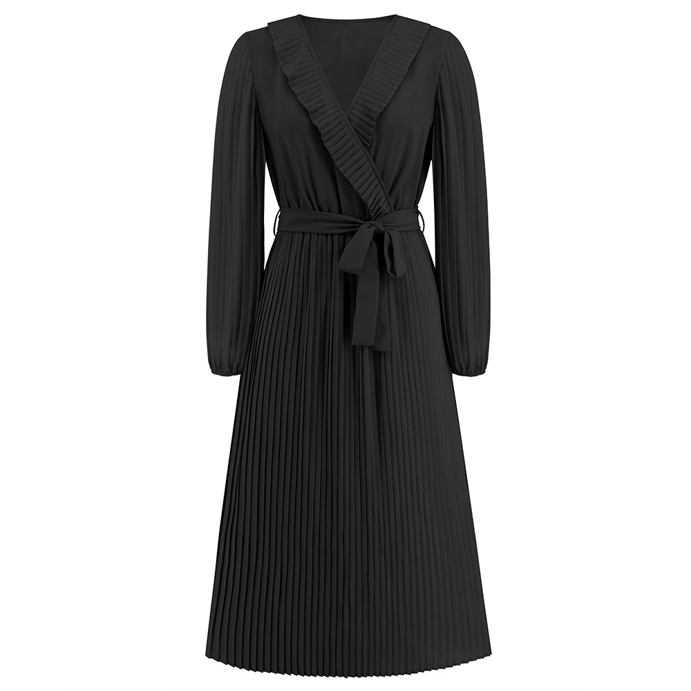 Women's Regular Dress Simple Style V Neck Belt Ruffles Pleated Long Sleeve Solid Color Midi Dress Daily Street display picture 19