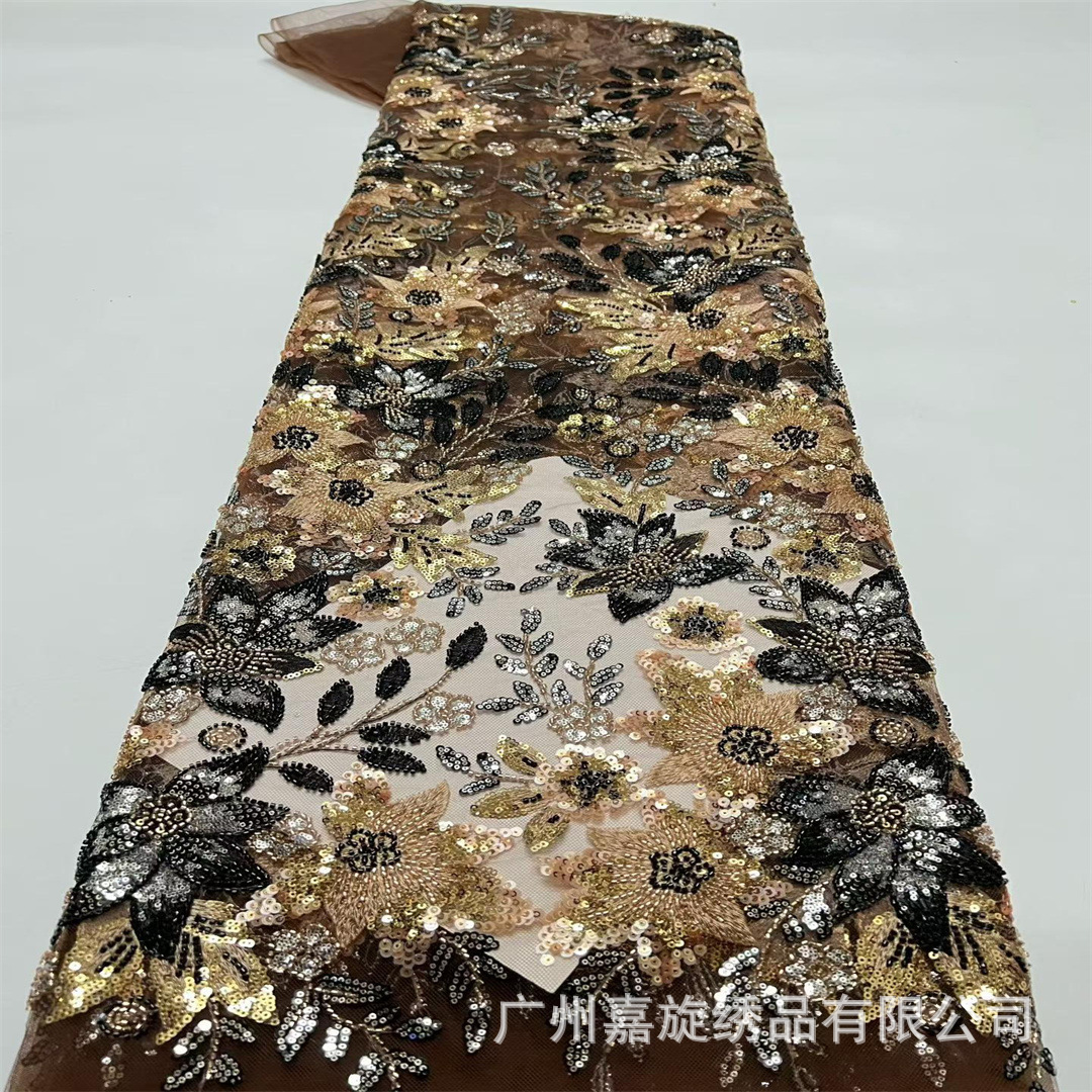 Encaje 3D con flores bordadas en relieve, cuentas, lentejuelas de encaje, vestido, vestido de novia, tela para ropa de espectáculo.