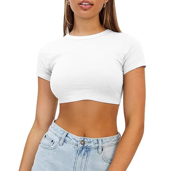 Summer New Style 2026 Cross-Border Foreign Trade Amazon European and American Fashion Casual Round Neck Short-Sleeved Navel-Baring Solid Color Top for Women