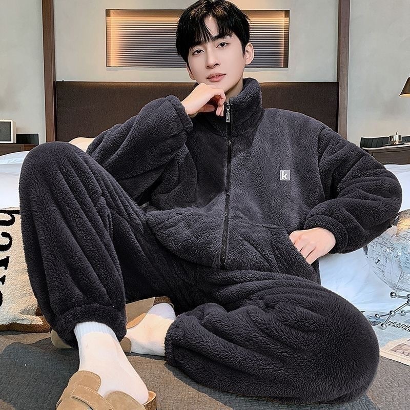 Invierno nuevo estilo de hombre simple pijama coreano cremallera letras de terciopelo grueso gran coral terciopelo conjunto de ropa para el hogar