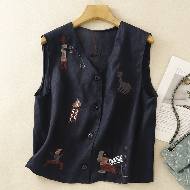 Реальный снимок готового летнего жилета 2025 года с тяжелой вышивкой, без рукавов, из хлопка и льна, с V-образным вырезом, кардиган-жилет с мультяшным принтом для женщин.
