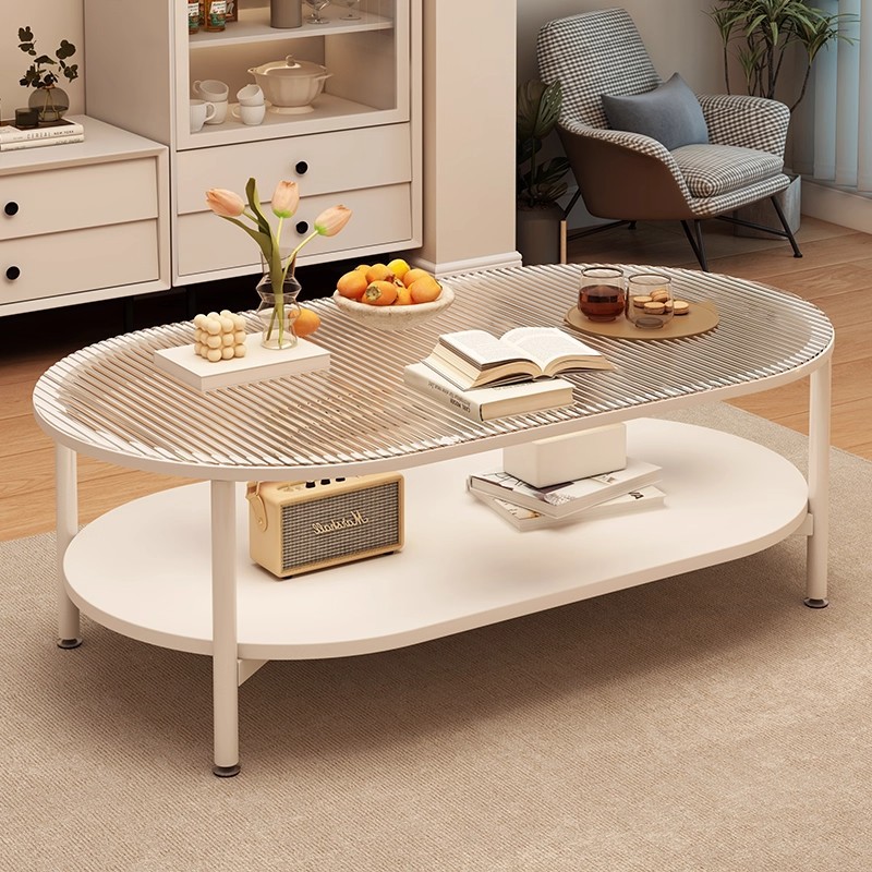 Mesa de té de vidrio sala de estar doméstica 2025 nueva mesa de lujo ligera y alta sensación de estilo crema de viento pequeño balcón mesa de té