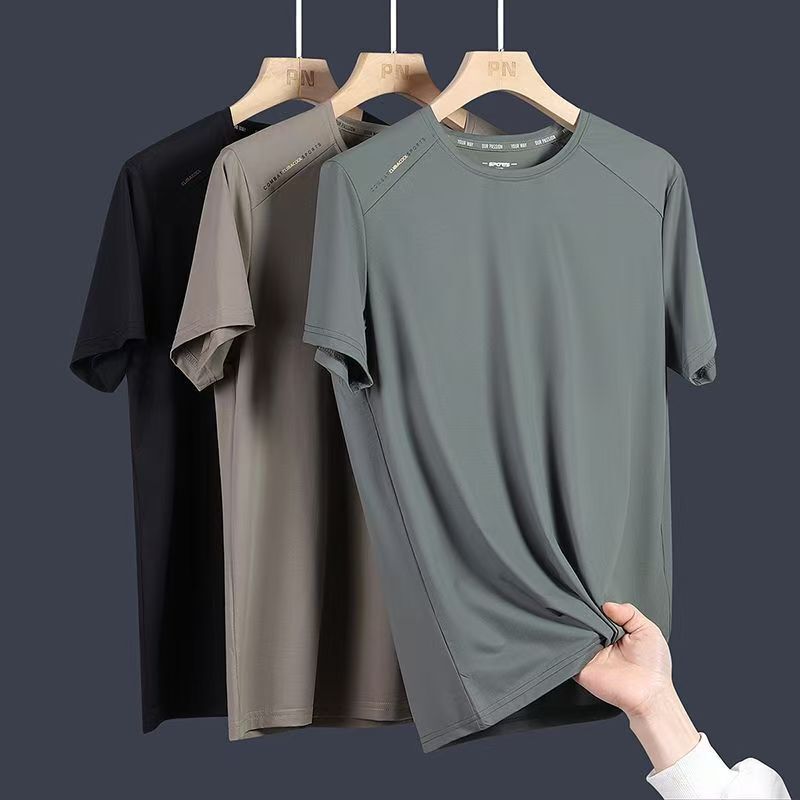 New Ice Silk Short-sleeved T-shirt Summer Thin Baidu Casual Sports Quick-drying Breathable plus size Half-sleeved Men's Top