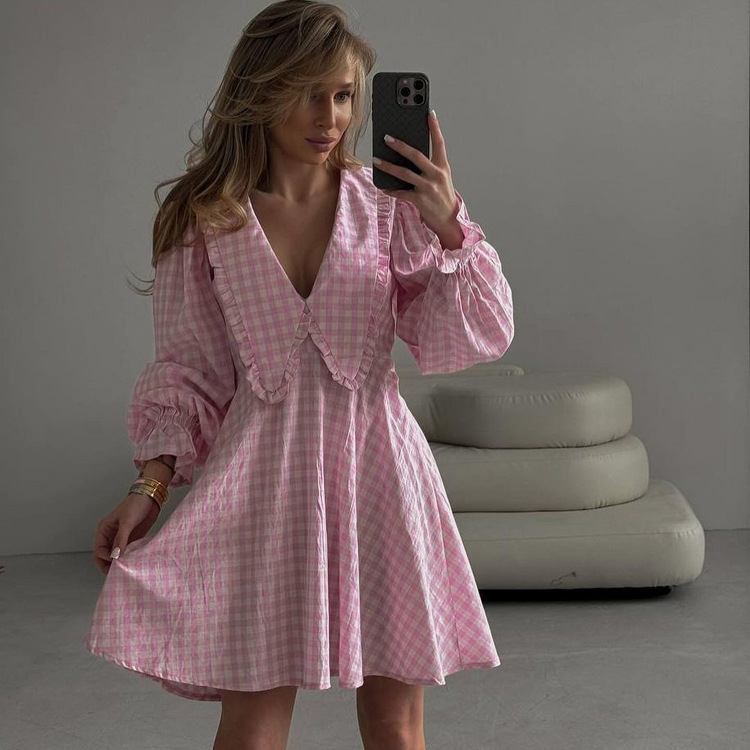 2026 New European and American Style Women's Fashion Elegant Commuter Design A-Line Dress Pink Plaid Butterfly Collar Long-Sleeve Dress