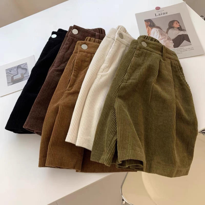 Vintage Corduroy Shorts Women's Spring and Autumn New High Waist Straight Loose Slimming All-match Outer Wear Casual Wide-leg Boots Pants