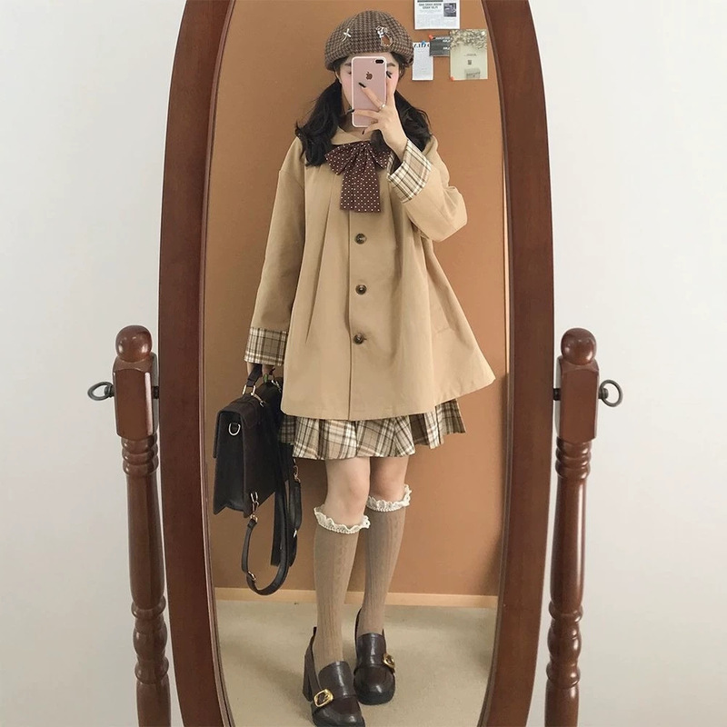 Evening Breeze and Sunset: New Autumn-Winter JK Uniform College Style Doll Collar Mid-Length Trench Coat and Skirt Set Evening Breeze and Sunset: New Autumn-Winter JK Uniform College Style Doll Collar Mid-Length Trench Coat and Skirt Set