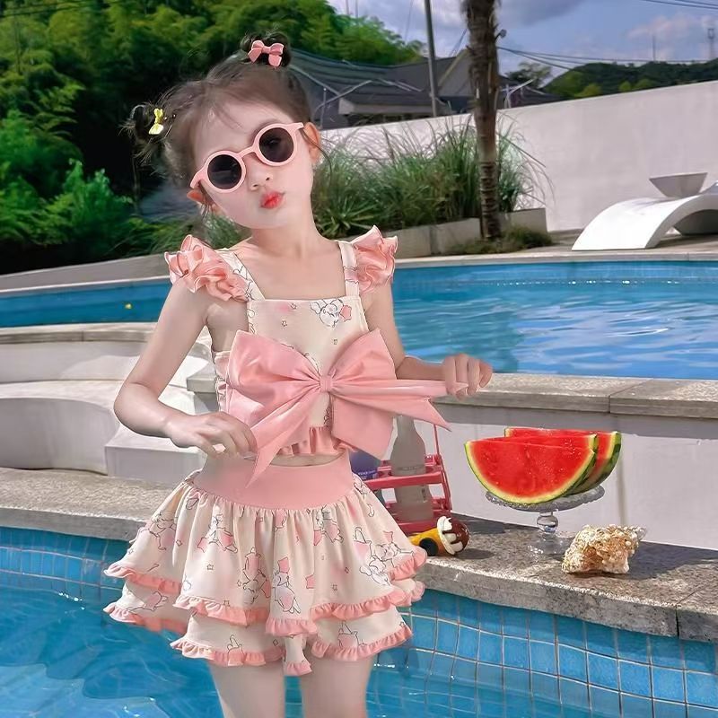 Girls' Rabbit Print Two-Piece Swimsuit with Flying Sleeves, Large Bow, Ruffled Skirt, Cute Swimwear, Manufacturer's Supply