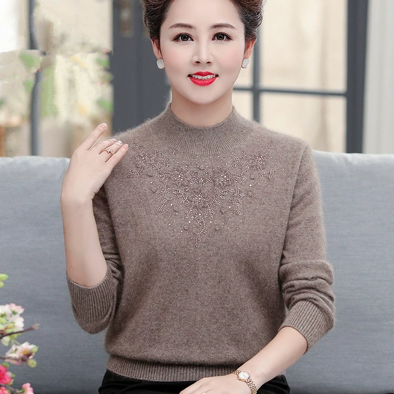 Новая стильная одежда для мам: базовая рубашка из чистой шерсти, свитер из шерсти больших размеров для женщин среднего и старшего возраста, утолщенная осенне-зимняя шерстяная одежда.