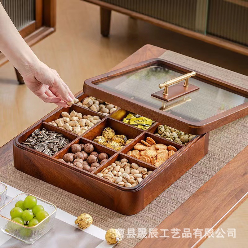 Nueva madera jiugongge caja de fruta seca hogar salón fruta merienda plato té postre tuerca