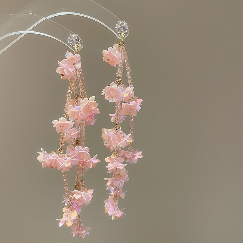 Pendientes de borla de flores de gasa de aguja de plata Pendientes de dopamina de bosque dulce Pendientes de todo fósforo de tendencia de nicho Mujeres al por mayor