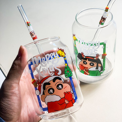 Christmas Water Cup Transparent Glass Cup Couple Cup Student Water Cup Straw Cup Home Milk Cup Christmas Gift