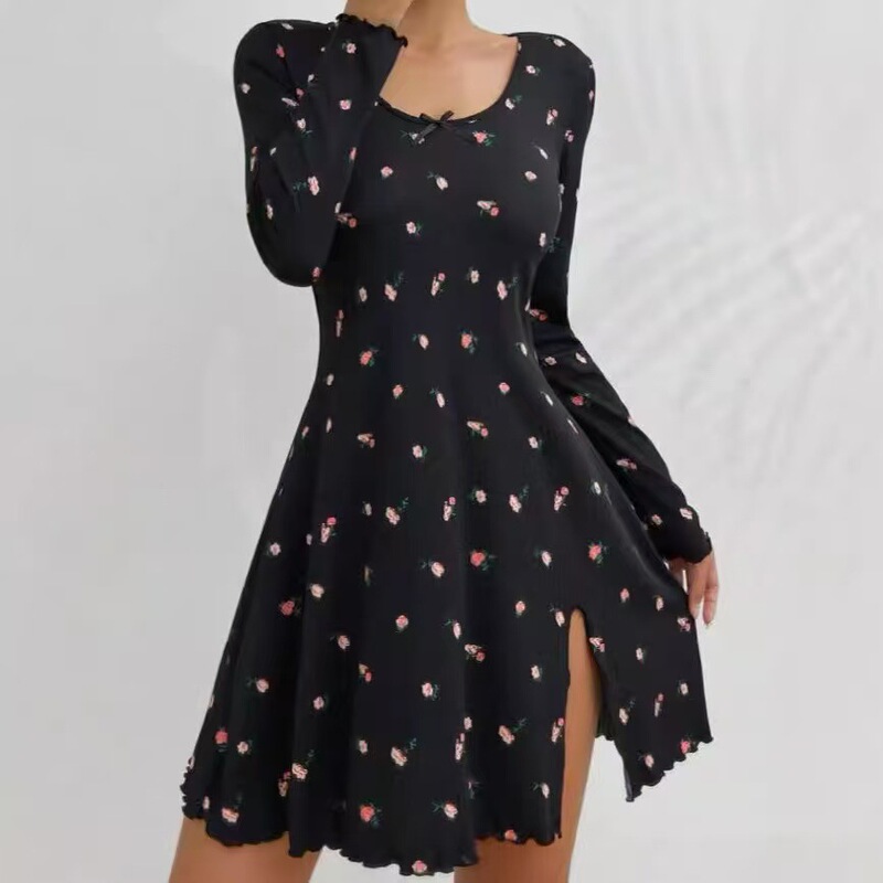 European and American Cross-Border Temu New Fashion Small Floral Long-Sleeve Ruffled Slit Women's Dress Loungewear Pajamas