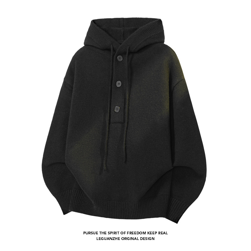 Solid Color Hooded Knit For Men, Autumn Cleanfit American Loose Sweatshirt, Lazy Style High-End Sweater_voghion.com