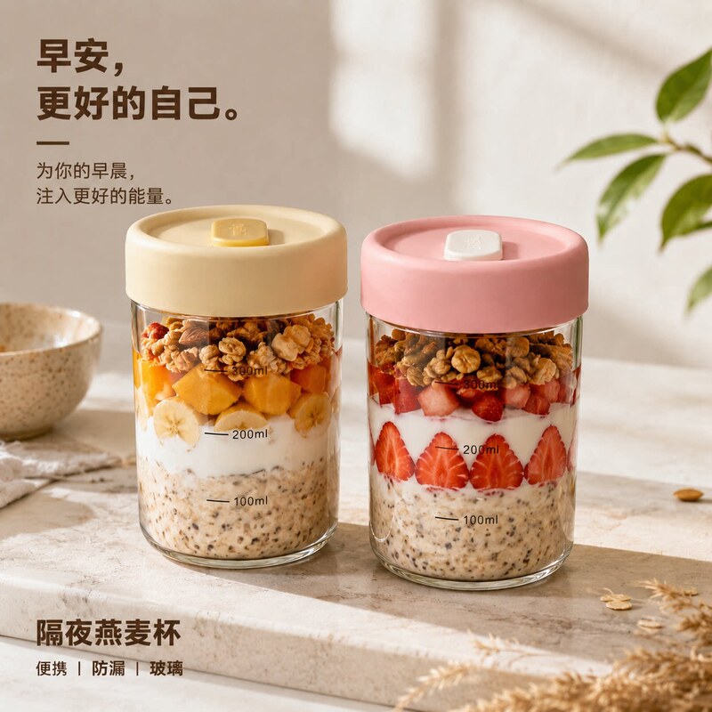 High borosilicate glass yogurt cup, overnight oats cup with lid and spoon, portable fruit cup, take-out breakfast cup for office workers