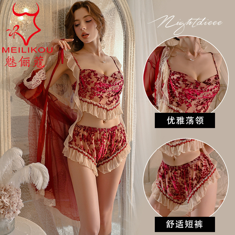 Meiliiko Sexy Intimates Sexy Deep V Pajamas Set Velvet Lace Swing Collar Skin-Friendly Breathable Home Women 2264