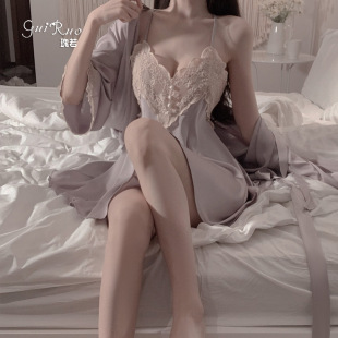 Guiruo Solid Color Lace Embroidered Pajamas Sexy Backless Strap Nightgown Lace-up Outer Gown Women's Home Clothes Set 1854
