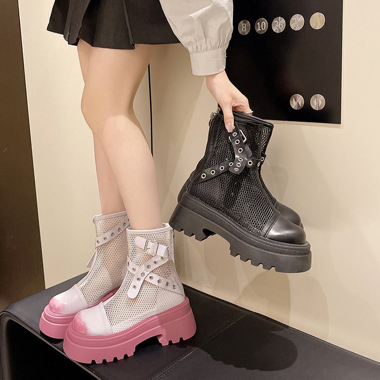 Hollow Martin Boots Women's Summer Thin Breathable Mesh Single Boots 2024 New Arrival Belt Buckle Thick Bottom Thick Heel Ankle Boots