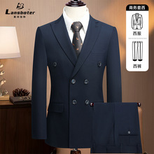 轻奢戗驳领双排扣套装西服男士商务西装韩版修身正装婚礼结婚西服
