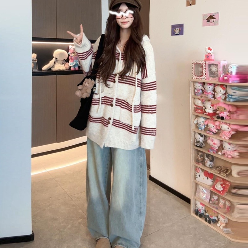 秋冬宽松休闲条纹连帽毛衣外套女中长款慵懒风松弛感针织开衫韩系|undefined