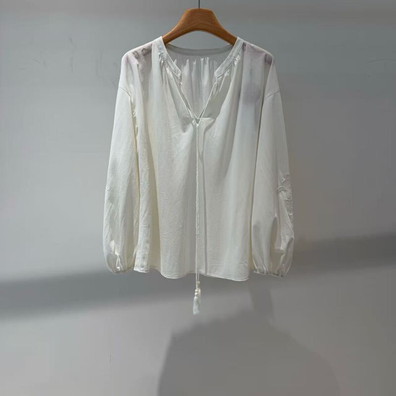 Dijia Women's Clothing 2026 Summer New Chinese Style Lantern Sleeve Shirt Women's White Tie-Up Sunscreen Shirt Top 6902