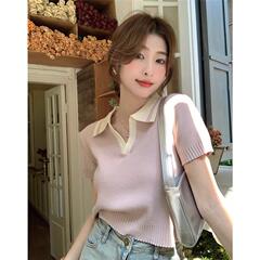 别致绝美夏季法式小众撞色polo领冰丝针织小衫短袖t恤女短款上衣