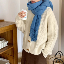 跨境牛角扣麻花连帽毛衣秋冬季新款慵懒风宽松针织开衫上衣外套女