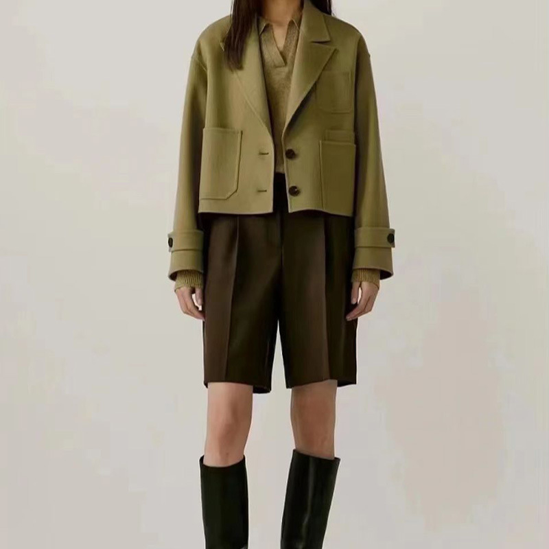 Ic Xiaohe 2025 Autumn and Winter New Style Sheep Wool Double-Sided Woolen Fashion Lapel Collar Small Woolen Short Outwear