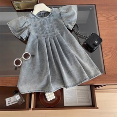 2024 Chic Summer New Arrival Korean-style Girls' Washed Soft Denim Dress with Small Flutter Sleeves