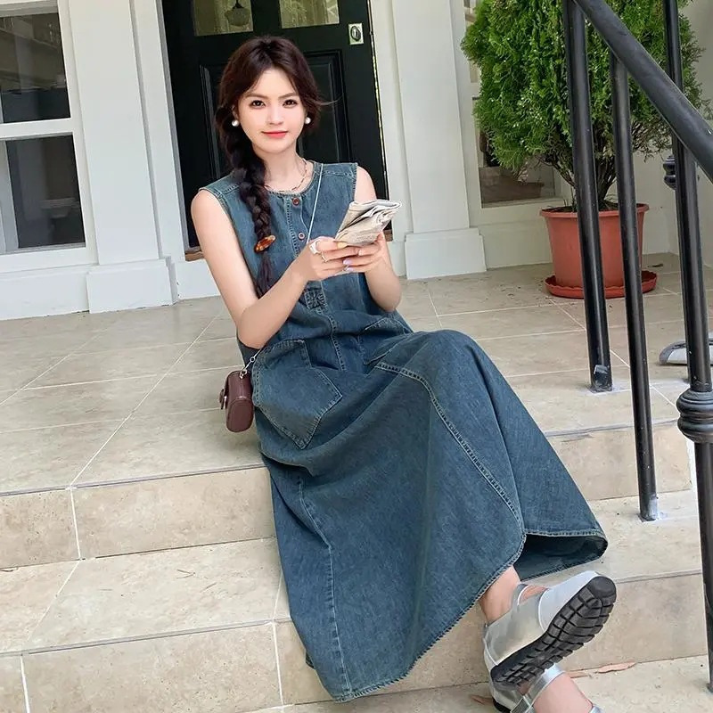 Summer New Thin Denim Dress for Women Korean Fashion Style Loose Slimming Sleeveless Casual Vest Long Skirt Summer New Thin Denim Dress for Women Korean Fashion Style Loose Slimming Sleeveless Casual Vest Long Skirt