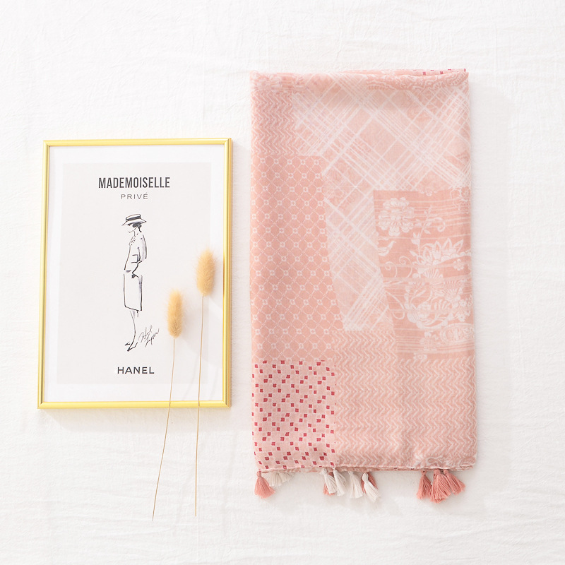 Estilo coreano japonés suave rosa geométrico floral bufanda de seda de algodón y lino sensación artística fresca bufanda de viaje Toalla de playa