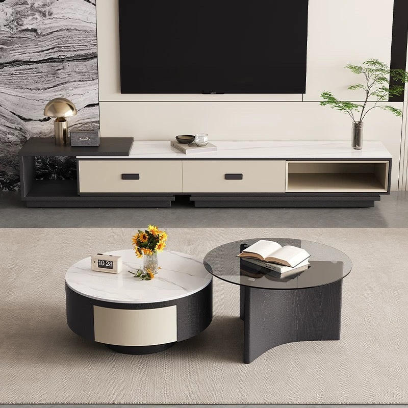 Nuevo estilo de lujo ligero y moderno simple meseta de té sala de estar doméstica minimalista mesa de tabla de roca combinación de gabinete de vidrio