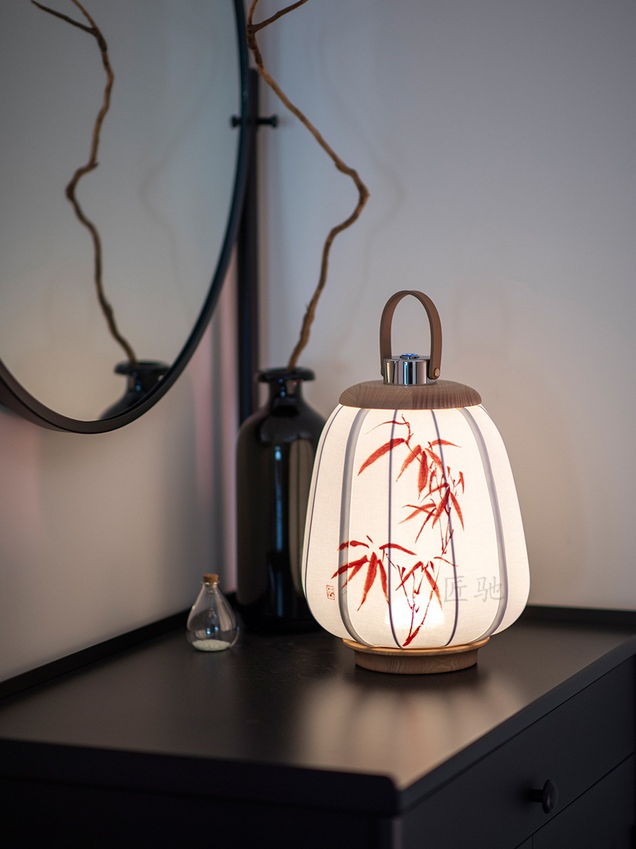 OD59批發觸控可變光觸摸復古實木亞麻手繪檯燈無線充電床頭燈夜燈