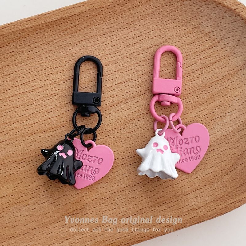 Cute and Unique Sweet-Cool Little Ghost Heart-Shaped Pendant Pink and Black Round Buckle Pendant Keychain Earphone Charm Cute and Unique Sweet-Cool Little Ghost Heart-Shaped Pendant Pink and Black Round Buckle Pendant Keychain Earphone Charm
